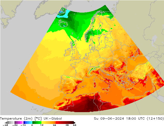 température (2m) UK-Global dim 09.06.2024 18 UTC