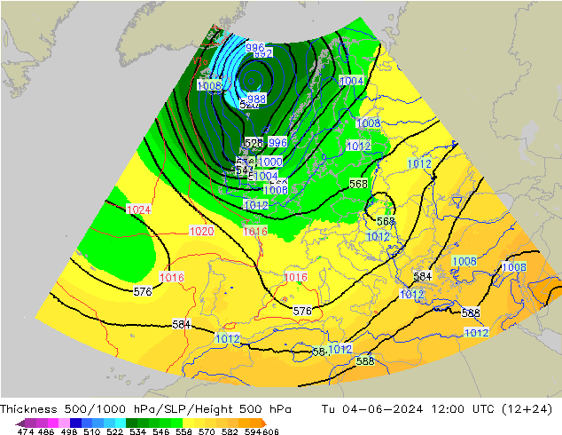 Thck 500-1000hPa UK-Global  04.06.2024 12 UTC