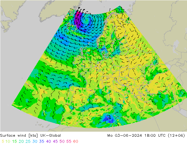 Surface wind UK-Global Po 03.06.2024 18 UTC