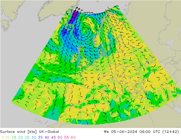 Surface wind UK-Global St 05.06.2024 06 UTC