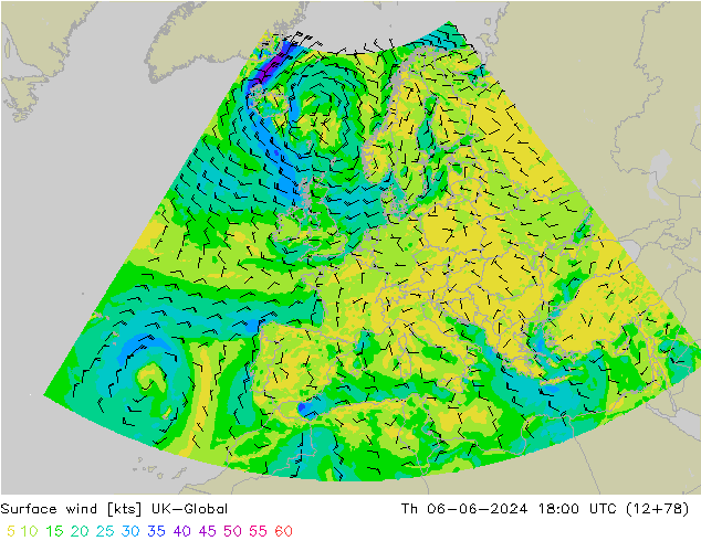 Surface wind UK-Global Th 06.06.2024 18 UTC