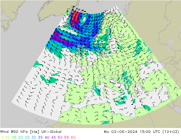 Wind 850 hPa UK-Global Mo 03.06.2024 15 UTC