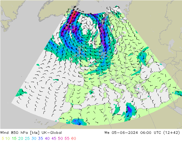 Wind 850 hPa UK-Global We 05.06.2024 06 UTC