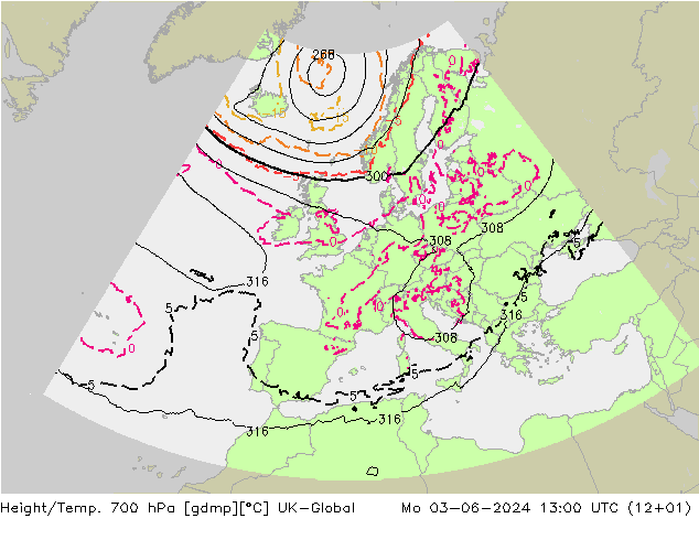 Height/Temp. 700 hPa UK-Global Po 03.06.2024 13 UTC