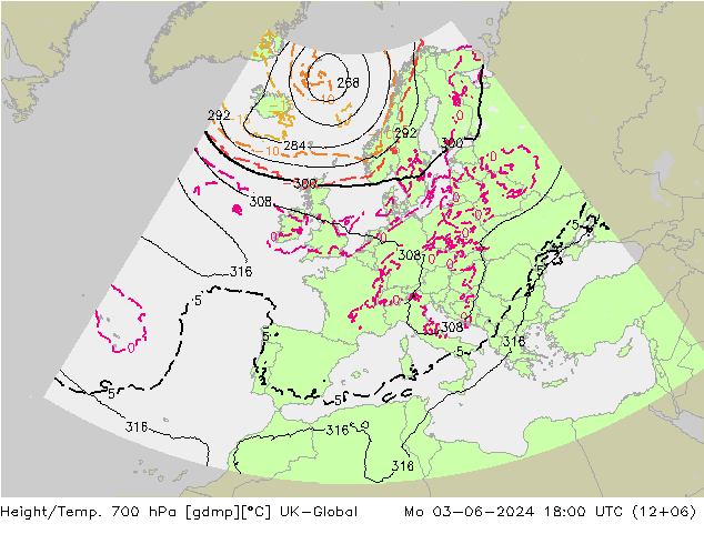 Height/Temp. 700 hPa UK-Global Mo 03.06.2024 18 UTC