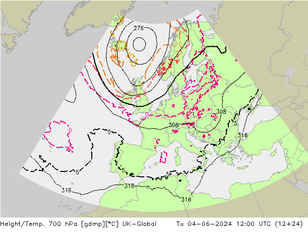 Height/Temp. 700 hPa UK-Global  04.06.2024 12 UTC