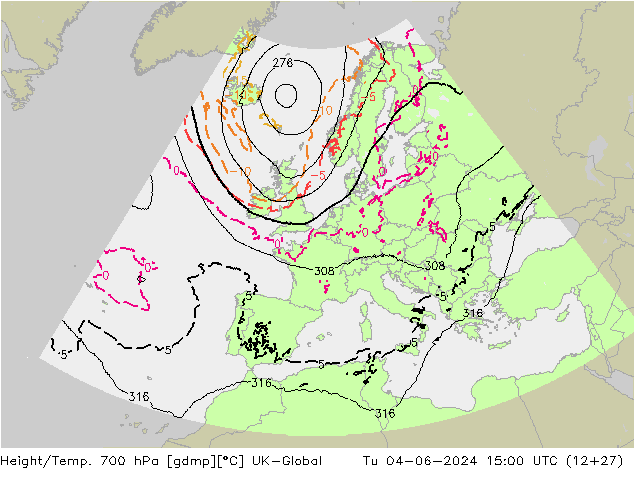 Height/Temp. 700 гПа UK-Global вт 04.06.2024 15 UTC