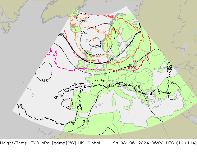 Height/Temp. 700 гПа UK-Global сб 08.06.2024 06 UTC