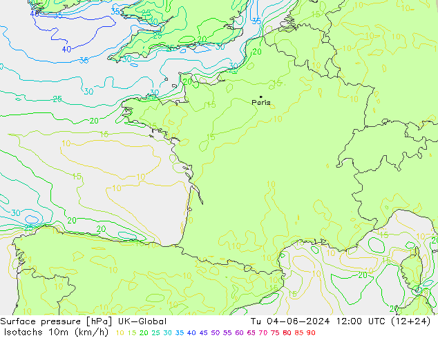 Isotachs (kph) UK-Global Tu 04.06.2024 12 UTC