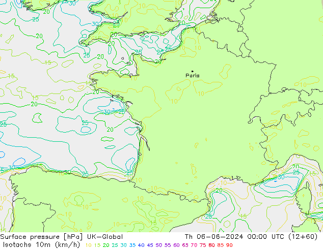 Isotachen (km/h) UK-Global Do 06.06.2024 00 UTC