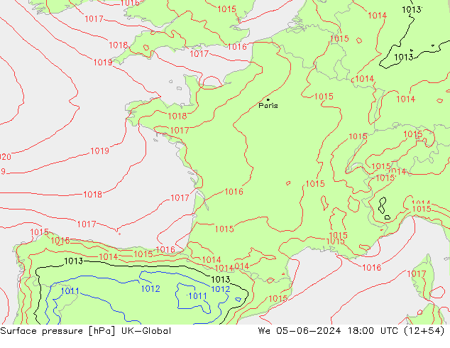 Pressione al suolo UK-Global mer 05.06.2024 18 UTC