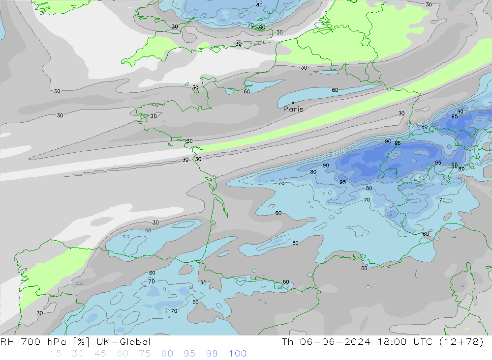 RH 700 hPa UK-Global Th 06.06.2024 18 UTC