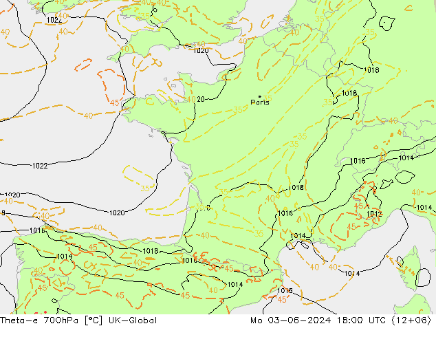 Theta-e 700hPa UK-Global Mo 03.06.2024 18 UTC