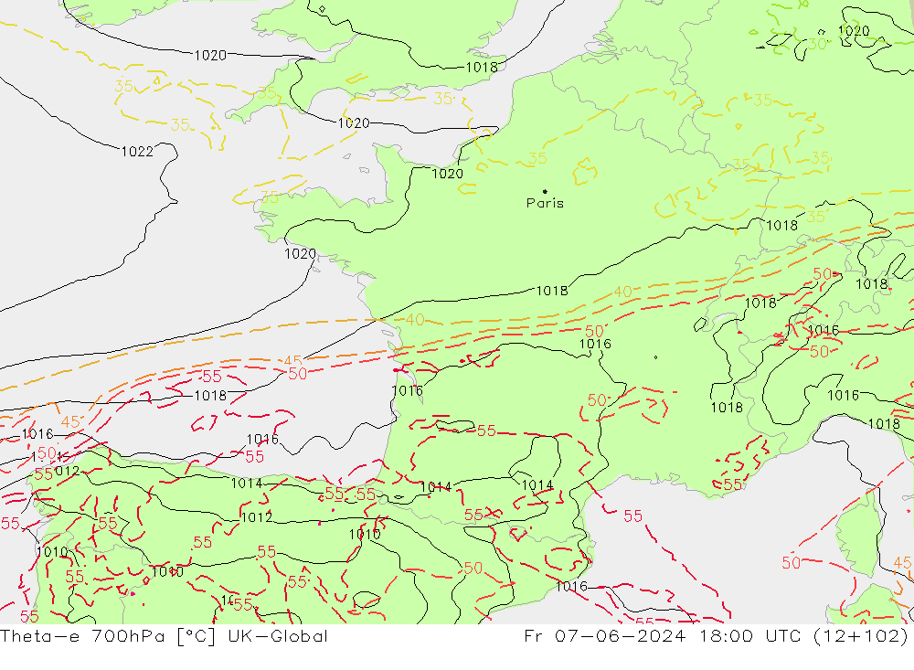 Theta-e 700hPa UK-Global Fr 07.06.2024 18 UTC