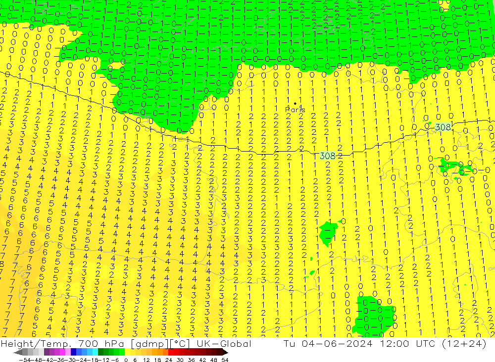 Height/Temp. 700 hPa UK-Global Tu 04.06.2024 12 UTC