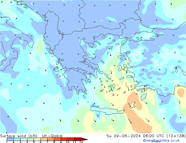 Wind 10 m (bft) UK-Global zo 09.06.2024 06 UTC