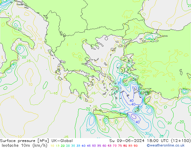 Eşrüzgar Hızları (km/sa) UK-Global Paz 09.06.2024 18 UTC