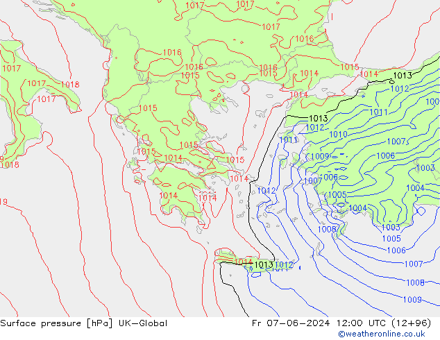 Luchtdruk (Grond) UK-Global vr 07.06.2024 12 UTC