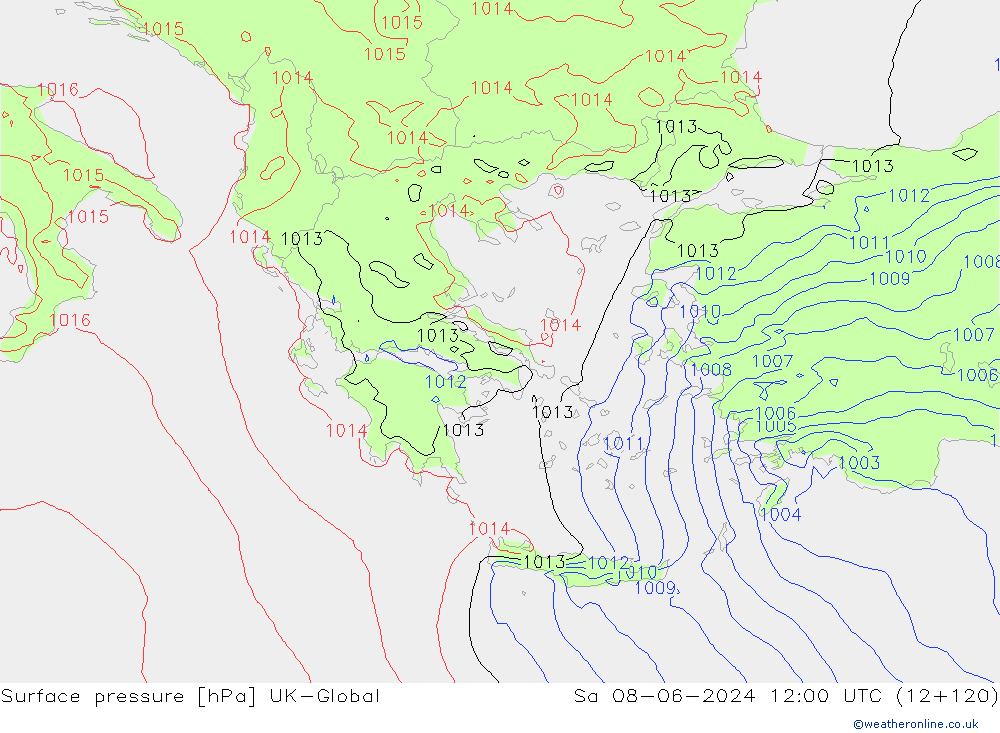 Presión superficial UK-Global sáb 08.06.2024 12 UTC