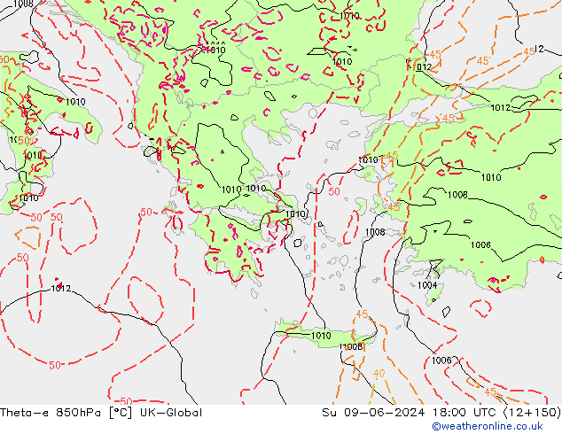 Theta-e 850hPa UK-Global Paz 09.06.2024 18 UTC