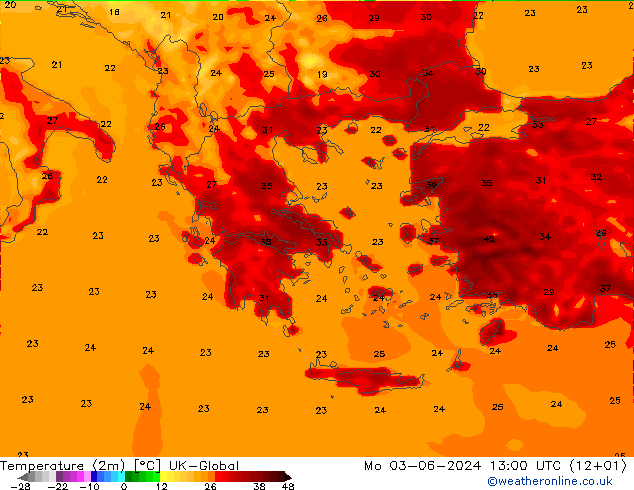 Temperature (2m) UK-Global Mo 03.06.2024 13 UTC