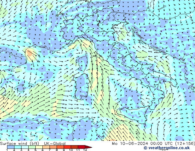 Surface wind (bft) UK-Global Mo 10.06.2024 00 UTC