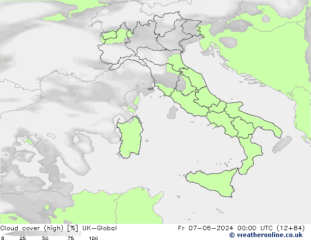 Cloud cover (high) UK-Global Fr 07.06.2024 00 UTC