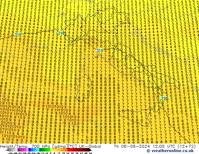 Géop./Temp. 700 hPa UK-Global jeu 06.06.2024 12 UTC