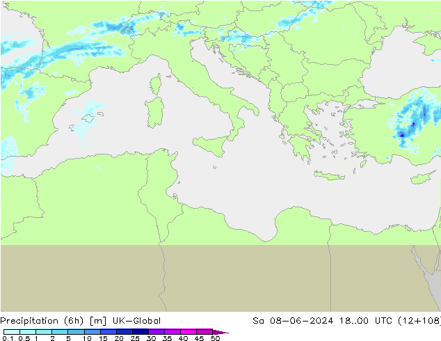 Precipitation (6h) UK-Global So 08.06.2024 00 UTC