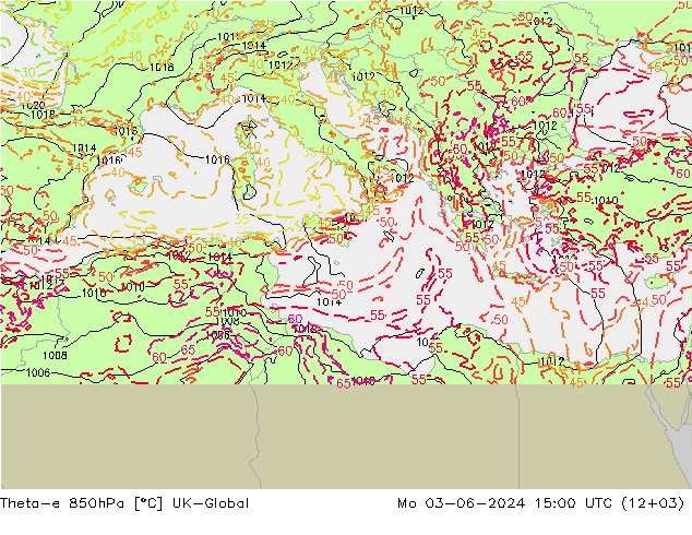 Theta-e 850hPa UK-Global Mo 03.06.2024 15 UTC