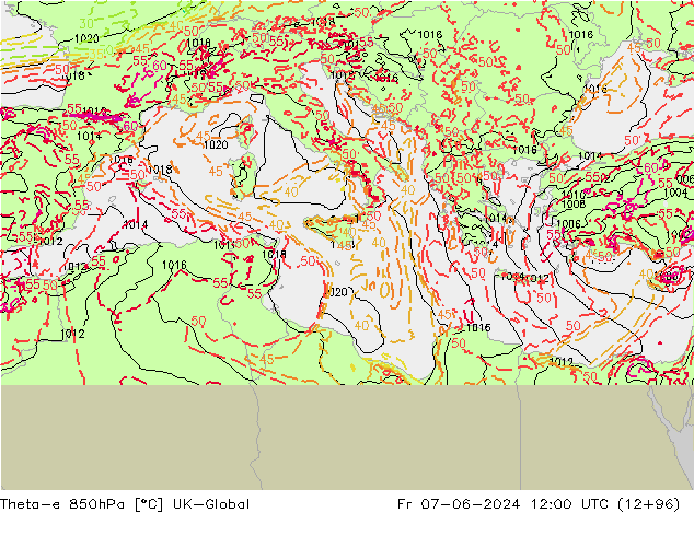 Theta-e 850hPa UK-Global Cu 07.06.2024 12 UTC