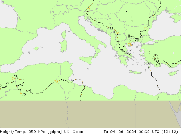 Height/Temp. 950 hPa UK-Global Tu 04.06.2024 00 UTC