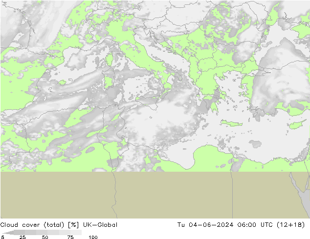 Cloud cover (total) UK-Global Út 04.06.2024 06 UTC