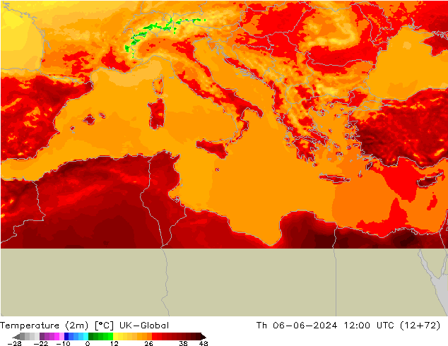 température (2m) UK-Global jeu 06.06.2024 12 UTC