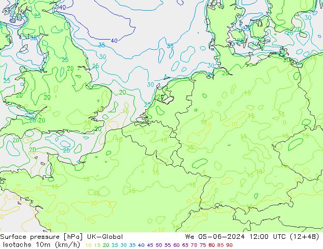 Izotacha (km/godz) UK-Global śro. 05.06.2024 12 UTC