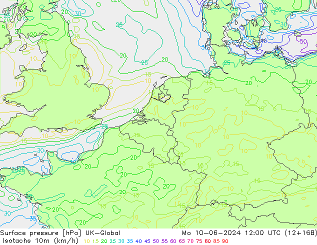 Isotachs (kph) UK-Global Po 10.06.2024 12 UTC