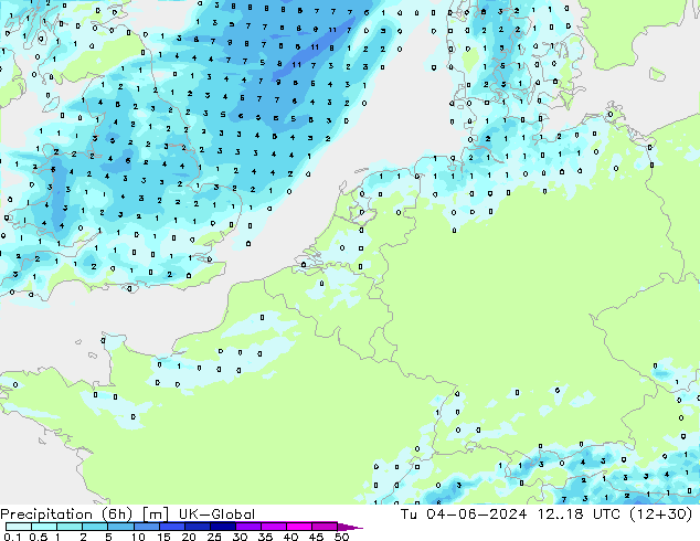 Precipitation (6h) UK-Global Tu 04.06.2024 18 UTC