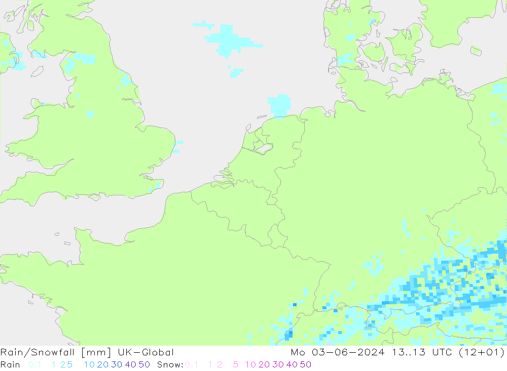 Rain/Snowfall UK-Global 星期一 03.06.2024 13 UTC