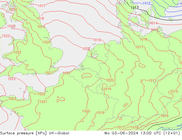 Surface pressure UK-Global Mo 03.06.2024 13 UTC