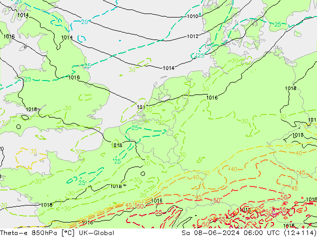 Theta-e 850hPa UK-Global sáb 08.06.2024 06 UTC