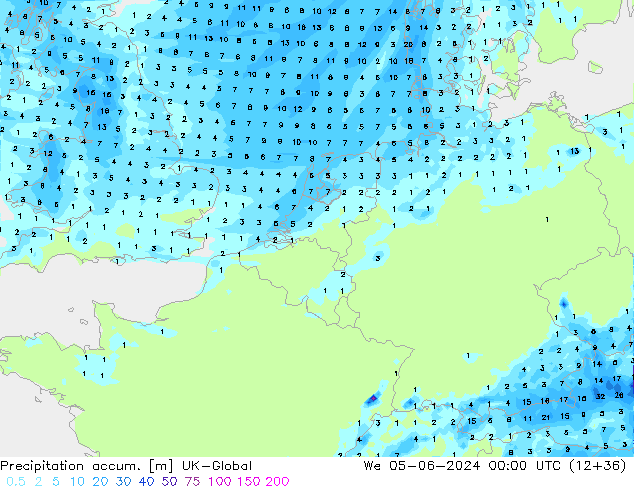 Précipitation accum. UK-Global mer 05.06.2024 00 UTC