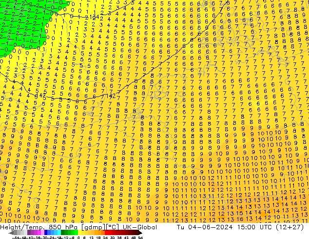 Height/Temp. 850 гПа UK-Global вт 04.06.2024 15 UTC