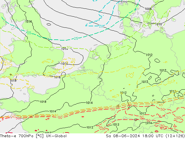 Theta-e 700hPa UK-Global Sáb 08.06.2024 18 UTC