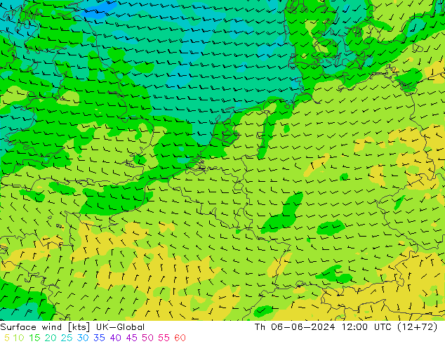 Surface wind UK-Global Čt 06.06.2024 12 UTC