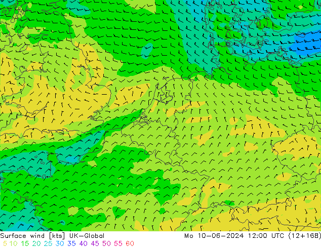 Surface wind UK-Global Mo 10.06.2024 12 UTC