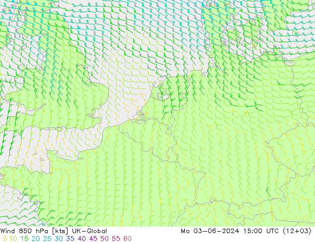 风 850 hPa UK-Global 星期一 03.06.2024 15 UTC