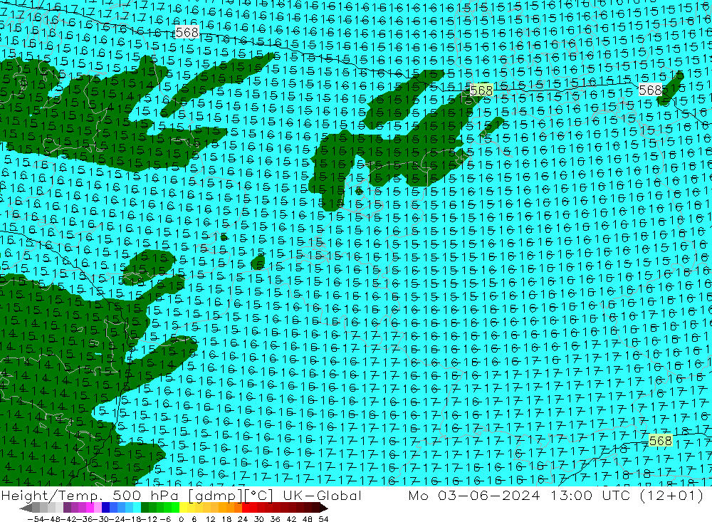 Height/Temp. 500 hPa UK-Global 星期一 03.06.2024 13 UTC