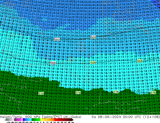 Yükseklik/Sıc. 500 hPa UK-Global Cts 08.06.2024 00 UTC