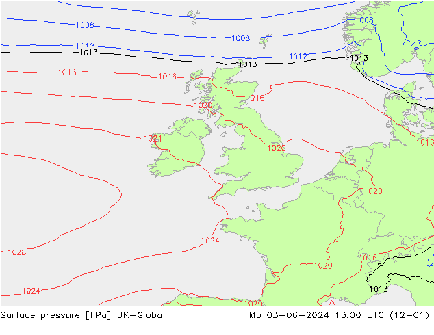 Surface pressure UK-Global Mo 03.06.2024 13 UTC