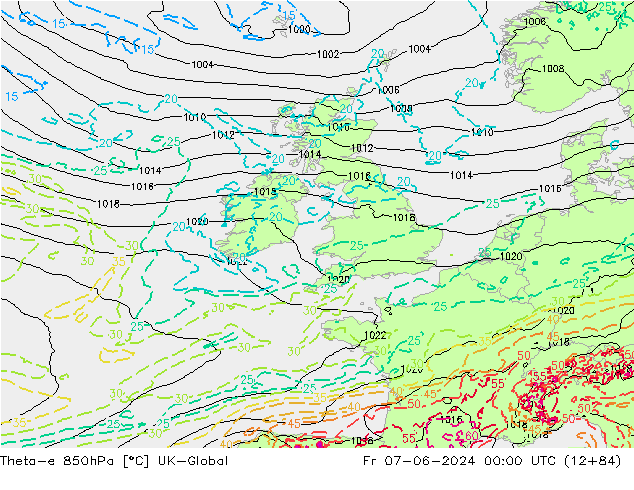 Theta-e 850гПа UK-Global пт 07.06.2024 00 UTC